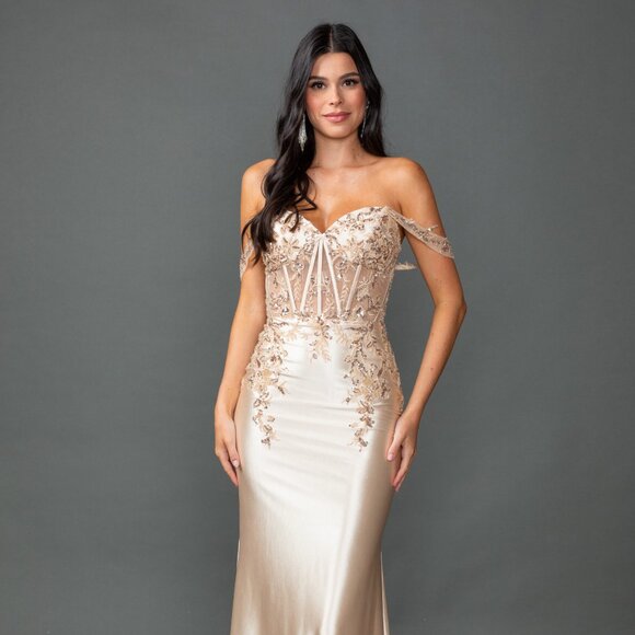 New Off Shoulder Maxi Prom Gown w/ Floral Lace Over Sheer Boned Bodice DQ 4540 - Picture 3 of 9